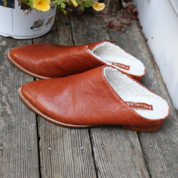 NEW Kelsi Dagger Sail Cognac Leather w Faux Shearling Fur Lining Flat Mule Sz 6 - Picture 5 of 8